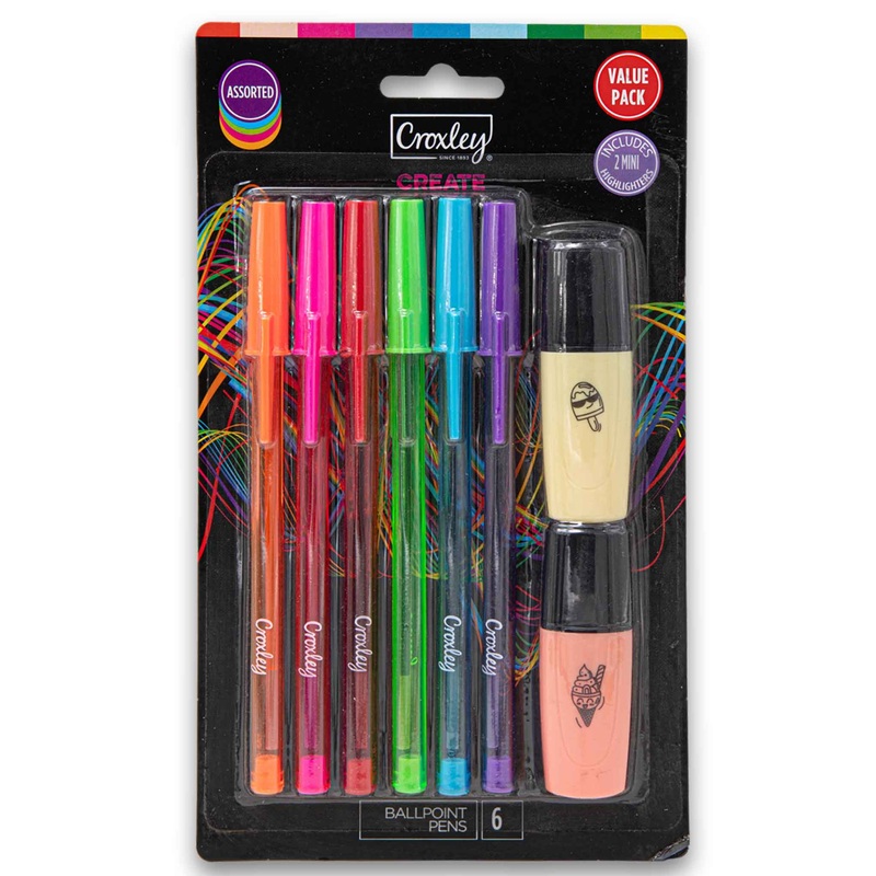 Ballpoint Pens 6 Piece + Mini Highlighters 2 Piece – Assorted Colour