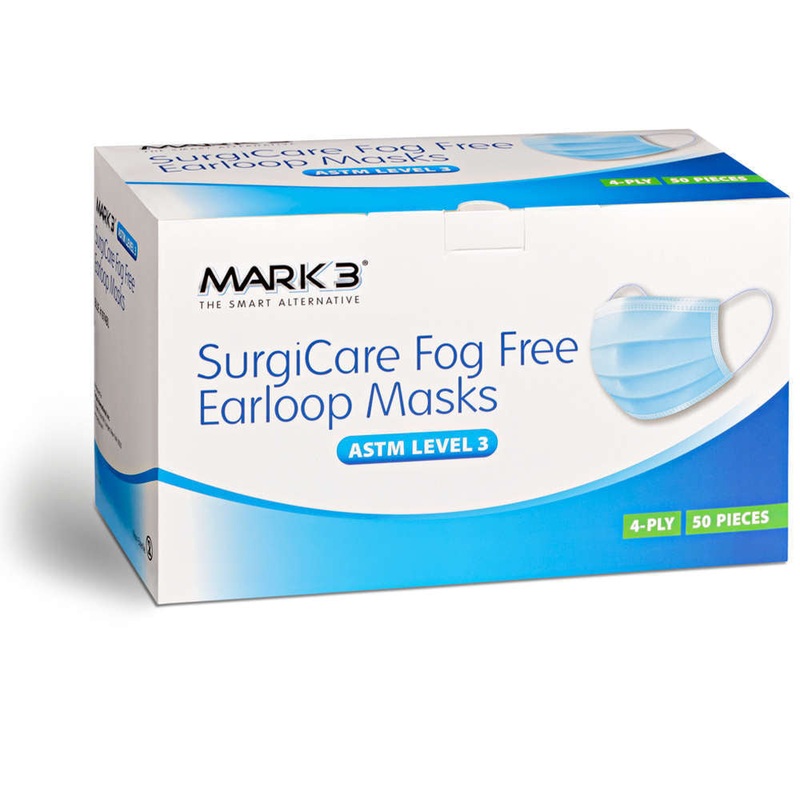 SurgiCare Blue Earloop Face Masks Fog Free Level 3 4ply 50/bx. – MARK3*